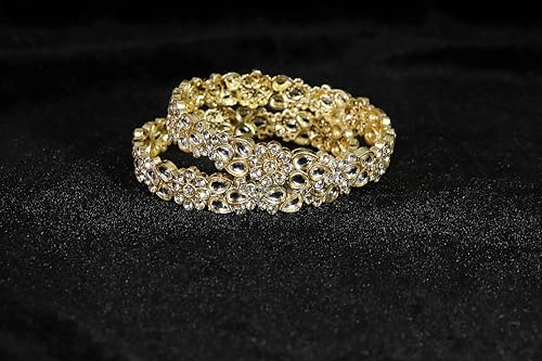 Image of NMII Gold Plated Metal Kundan Stone & American Diamond Bangles For Women & Girls | Traditional Kada For Women | Fancy Rajwada Bangles | Bangles For Wedding, Party, Occasion- Set of 2