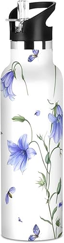 Miniatura 25 de Botella de agua estética de tulipán verde azulado para niños, con tapa de boquilla a prueba de fugas, aislamiento al vacío de doble pared, ligera