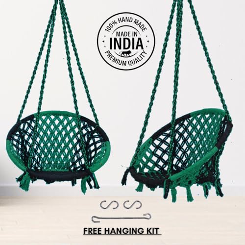 Image of Patiofy Cotton Round Swing Chair for Adults and Kids /Swing for Home, Balcony /Jhula for Adults /Jhoola for Living Room /Suitable for Indoor & Outdoor /with Hanging Kit (Green-Black)