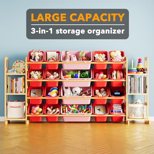 Image of SpaceAid Toy Storage Organizer with 6 Shelves and 20 Bins, Toy Organizers Storage Bookshelf, Kids Bin Shelf Toys Box Bookcase for Bedroom Playroom Organization Room Decor, Red and Pink