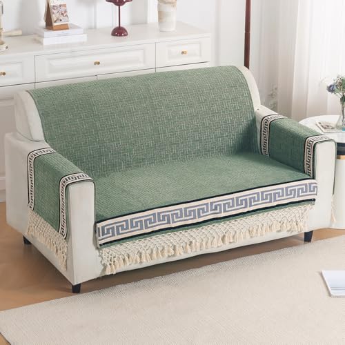 Image of HOKIPO 'Imperial Tassel Series' Premium Chenille Jacquard Sofa Cover Set for 2 Seater for Seat, Back & Arms with Tassels, Sage Green (IN-1010 + IN-1012-I8*2)