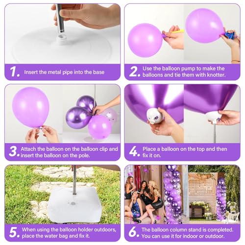Image of 2 Sets Purple Balloon Column Stand Kit with 100 Balloons Lavender Adjustable Balloon Tower Stand with Bases for Floor Purple Confetti Balloon Column Kit for Christmas Birthday Holiday New Year
