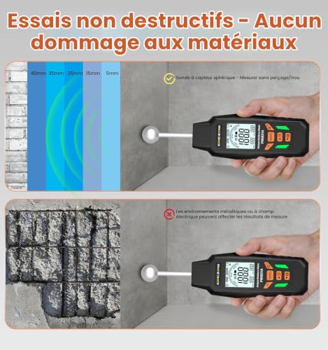 Humidimètre, hygromètre sphérique, adapté à tous les matériaux de construction tels que le bois, les murs, le plâtre, la maçonnerie et le béton, avec une profondeur de mesure maximale de 5 à 40 mm. – vue 3