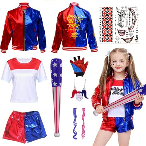 YUERTMIO Quinn Disfarce para meninas, disfarce de Quinn meninas, meninas vilão suicide fato, conjunto de palhaço com casaco, t-shirt, calções, luva, colar para Halloween, carnaval, cosplay
