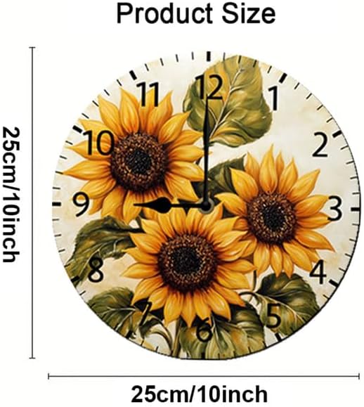 Miniatura 6 de Reloj de pared de girasol, reloj de pared de madera de granja, funciona con pilas, reloj de pared analógico de 10 pulgadas, reloj de pared