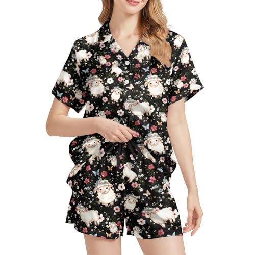 Image of Silk Satin Pajama Set for Women Summer Lounge Pjs Sets 2 Piece Suit Ladies Button Down Tops And Shorts Sleepwear
