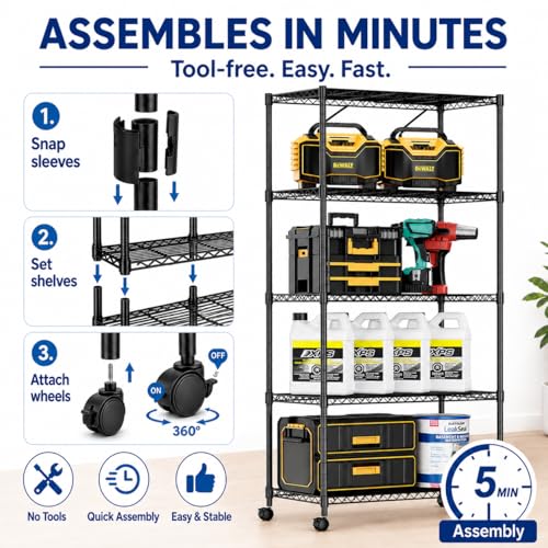 Image of Simple Deluxe 5-Tier Heavy Duty Storage Shelving Unit, 1250 Lbs Loading Capacity, 29.92 inch W x 13.98 inch D x 61.02 inch H, Black