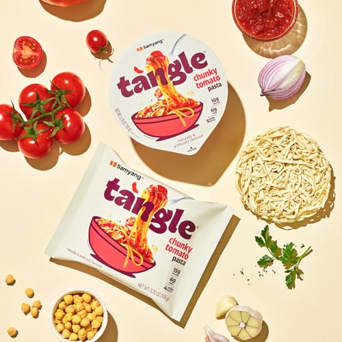 Image of Samyang Tangle Chunky Tomato Pasta Bowl | By the Maker of Buldak Ramen | Linguine Pasta | Mukbang | 15g of Protein | 6g of Fiber | Chick Pea based | Easy Prep | Convenient | 6 Bowls