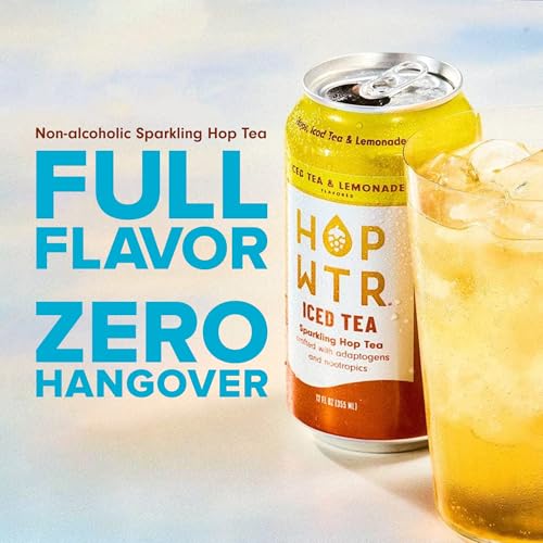 Image of HOPWTR Iced Tea & Lemonade, Non Alcoholic Sparkling Tea with Adaptogens, Nootropics & Vitamin C, Zero Sugar Zero Calorie Functional Beverage, Gluten Free Hop Water Drink (12 Pack, 12oz Cans)