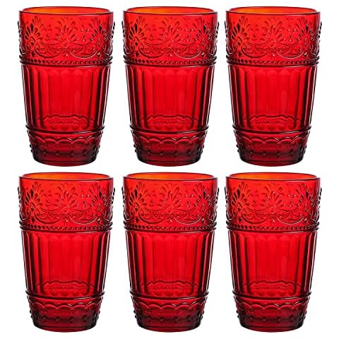 Glass Tumblers ,11 oz Embossed Design Drinking Glasses Set of 6 (Red ) Cover