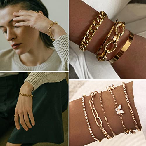 Image of 17IF 18-25 PCS(6 Pack) Boho Gold Silver Stackable Bracelets Set for Women | Chunky Dainty Bangles Adjustable Chain Flat Cuff Cuban Punk Charm Bundle Jewelry