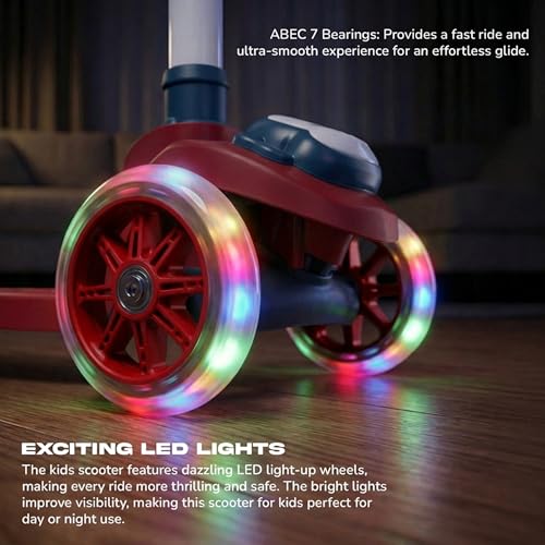 Image of Baybee Rovix Kick Scooter for Kids | Foldable Skate Scooter with 3 Height Adjustment Handle & LED Light Wheels | 3 Wheel Baby Scooter with Rear Brake | Kids Scooter for 2 to 10 Years Boy (RED /Green)
