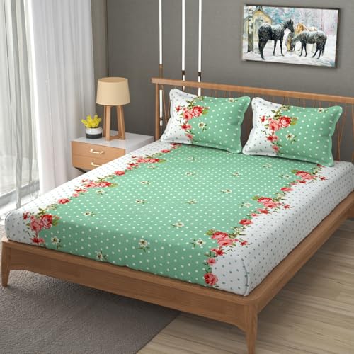 Image of Premium Heavy Cotton Elastic Fitted Bedsheets with 2 King Size Pillow Covers || Double Bed with All Around Elastic 350 TC || 72 x 78 x 10 Inch King Size Fitted || - Green Dot