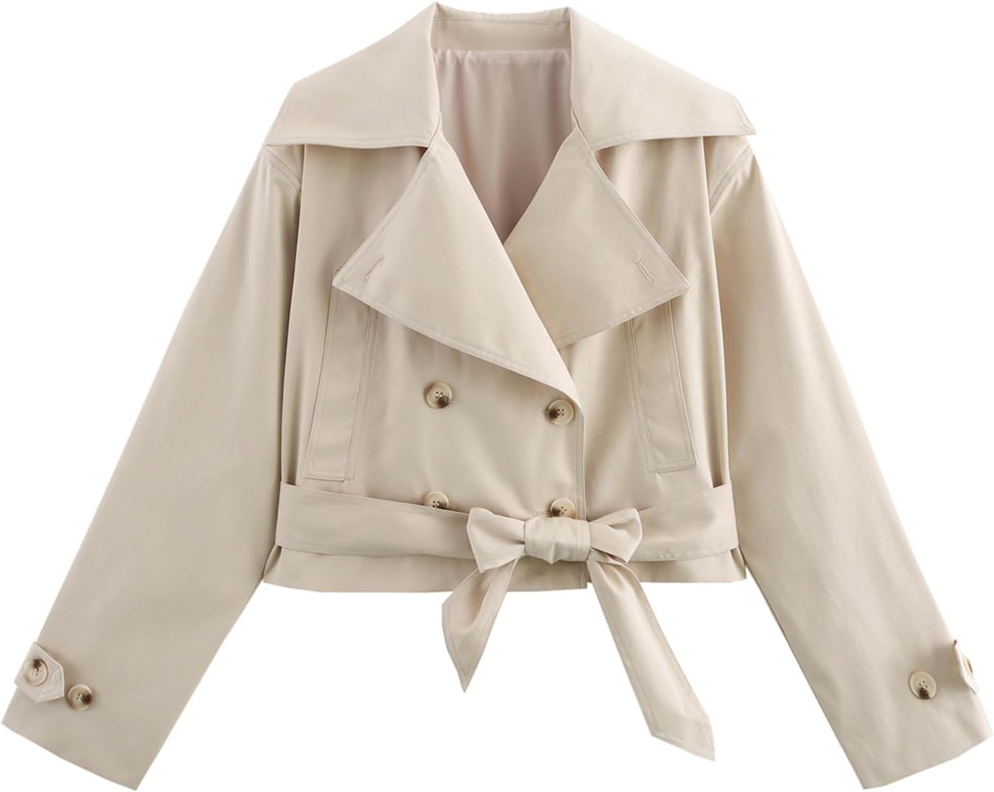 Women's Crop Belted Double Breasted Trench Coat Stylish Lapel Work Office Cropped Jacket with Pockets