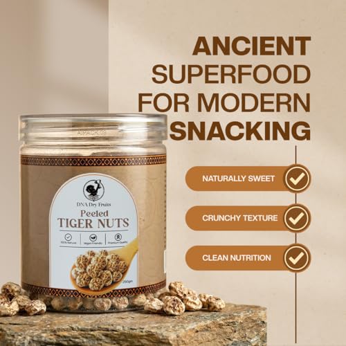Image of DNA Dry Fruits Premium Peeled Tiger Nuts | 250g | Natural Energy Booster, Fiber-Rich Superfood, Natural, Gluten-Free Snack | Crunchy & Nutty Taste | Heart, Gut & Blood Sugar Friendly (Pack of 1)