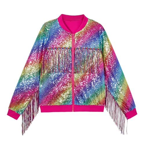 Jhaoyu Kids Girls Shiny Sparkling Sequins Tassels Jackets Coats Long Sleeve Zipper Blazer Outerwear for Party Stage2