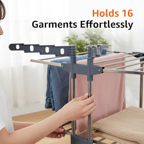 Image of amazon basics 3-Tier Stainless Steel Cloth Drying Stand | Foldable with Wheels | 5.8 ft Drying Space, 26 Rods, 16 Hanger Slots | Indoor & Outdoor Use | 174 cm