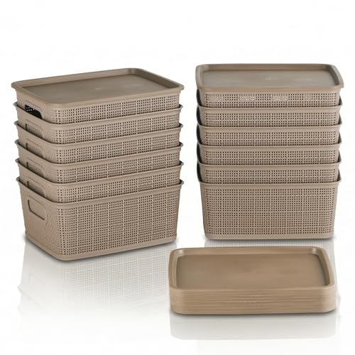 Kuber Industries 12 Pcs Plastic Medium Solitaire Storage Basket with Lid & Handle for Wardrobe | Rectangular Storage Box for Stationery & Toys | Vogue-3 | Brown