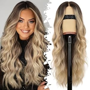 Ombre Blonde Wig for Women Long Wavy 4×1 Lace Natural Hairline Glueless for Beginners Middle Part Synthetic for Daily Party Use 26Inch