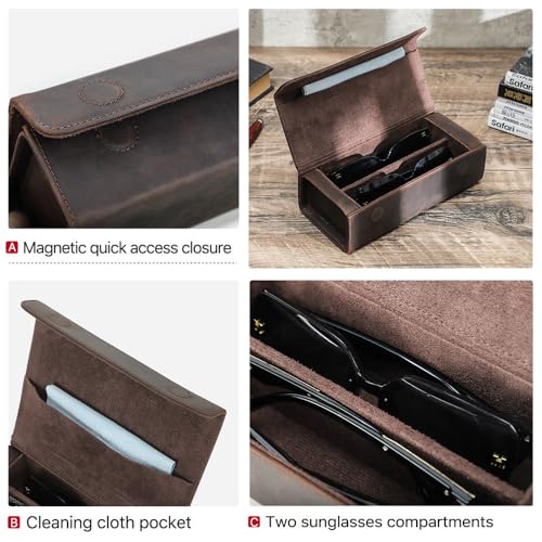 Image of CONTACTS Genuine Leather Sunglasses Travel Case Hard Eyeglasses Box Vintage Eyewear Holder Travel Accessories