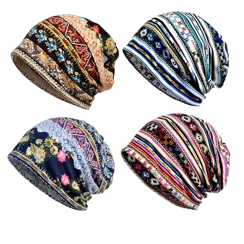 warsrnd Women's Slouchy Beanie Hat Chemo Caps Cancer Headwear Hats Turban Baggy Sleeping Cap Boho Hats (US, Alpha, One Size, 4pcs Multicolor A)