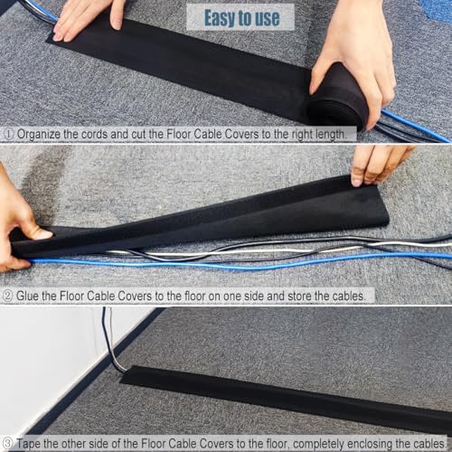 Protector para cables de piso, 20 pies de largo y 4 pulgadas de ancho, color negro, con diseño de gancho y lazo para organización y protección de cables miniatura 3