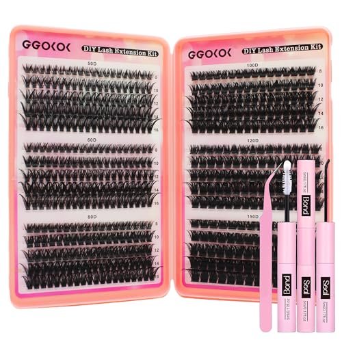 Ggokok Lashes Kit 50D 60D 80D 100D 120D 150D Eyelashes Clusters Kit 8-16Mm Russian Individual Natural Lash Extension Bond And Seal Tweezer D Curl Fluffy Wispy False Eyelashes For Diy(Kit,50D-150D) - 2