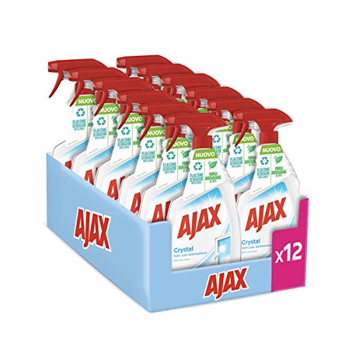 Ajax Detersivo Spray Crystal Clean Vetri 12 Flaconi da 750 ml | Detergente Vetro Spray Con Ammoniaca I 100% Anti-Alone | Per Vetri, Specchi e Superfici Brillanti