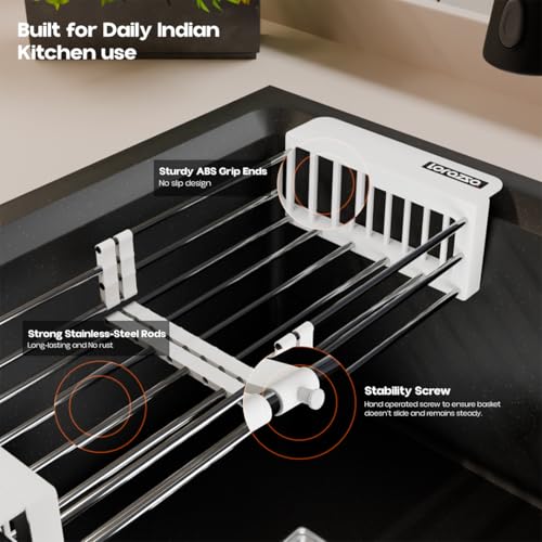 Image of Lorazzo Kitchen Sink Basket - Over The Sink Expandable Colander for Vegetable & Fruit Washing | Drain Basket & Sink Strainer | Adjustable Kitchen Sink Accessories | 1-Year Warranty (Silver & White)
