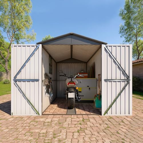 5.5x10FT Heavy-Duty Steel Motorcycle Storage Shed with Window & Bike Tracks – Grey & White Outdoor Bike Shelter for Motorcycles, Tools & Equipment (66.2”L x 121”W x 79.7”H)