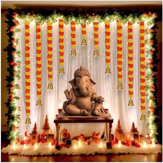 Ganesh Festival Decoration Set with LED Lights, Marigold Garlands, Bells, White Backdrop Curtain, Yellow and Orange