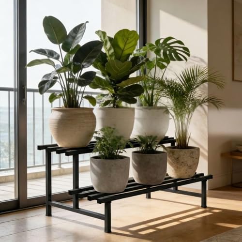 Image of Mighty Home 2-Tier Metal Plant Stand, Stylish & Sturdy Iron Rack for Home, Balcony & Garden, Space-Saving, Durable, Ideal for Indoor & Outdoor Decor, Black, Single Pack