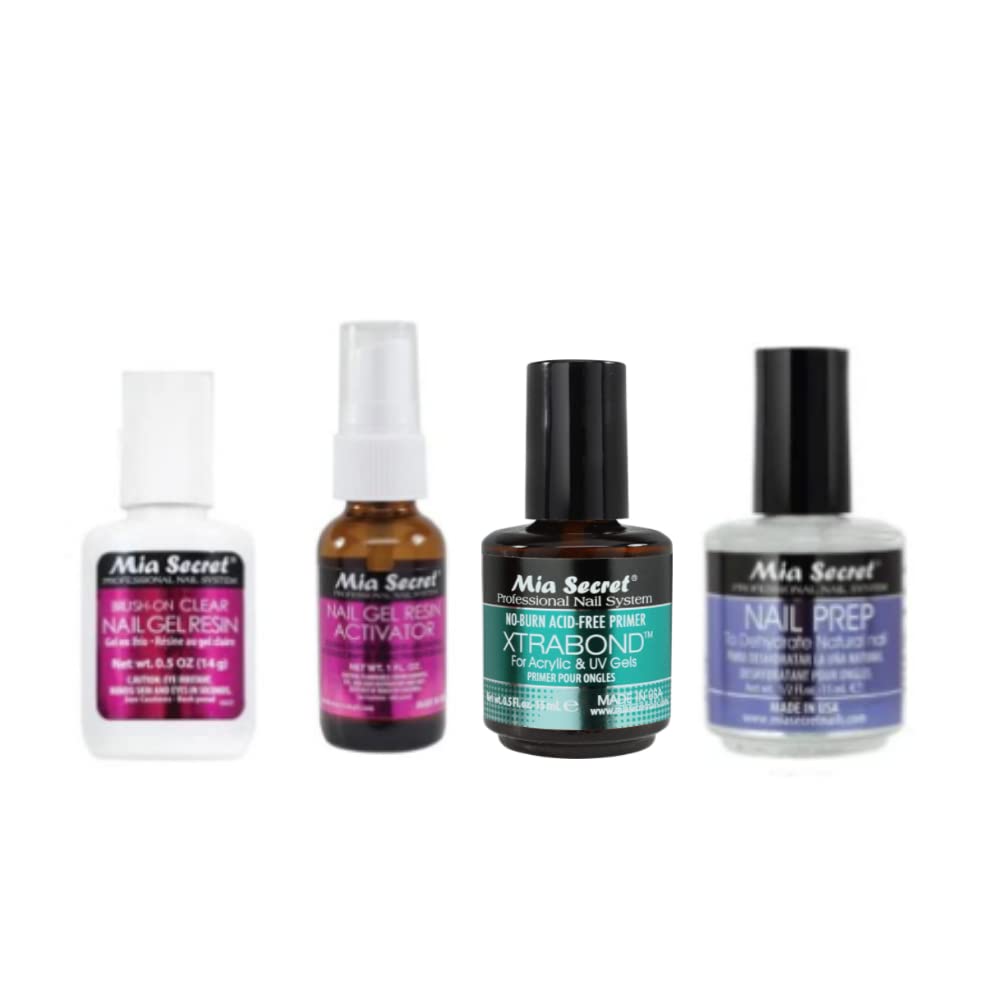 Mia Secret Nail Prep 12 oz NP-30, Xtrabond Primer 15 ml  0.5 oz PR100, Gel Resin Activator - 1 oz 324 Brush-on Clear Nail Gel Resin 14g 323