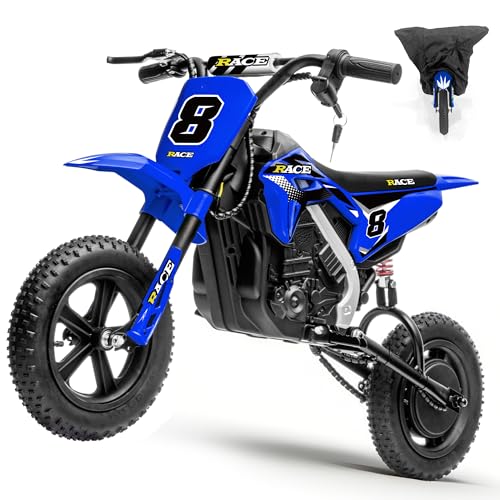 Image of 24V 250W Kids Electric Dirt Bike Up to 11 MPH with Cover, Blue | Custom Number Sticker, Twist Grip Throttle, Drum Brake, Metal Suspension, 12'' Inflatable Tire, 120lbs Load, Music&Wireless