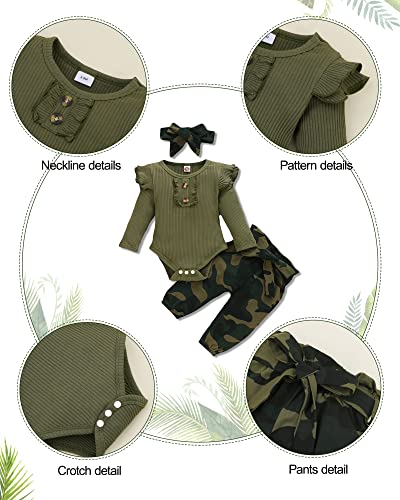 Nilikastta 3Pcs Newborn Baby Girls Clothes Infant Outfit,Romper Bodysuit Long Sleeve Jumpsuit Ruffled Camouflage Pants (Green,3-6M) #TOP2