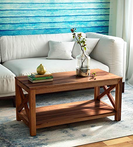Vivek Wood Wooden Centre Coffee Table for Living Room | Outdoor Center Table with Shelf Storage for Garden | Sheesham Wood, Rustic Teak Finish-image-7