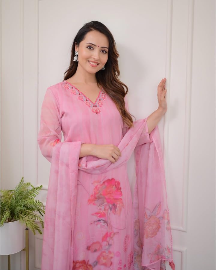 Shiv Textiles Women's Organza Embroidered Kurta Pant Dupatta Set(Jda-Harleen-Pink-Xxl)