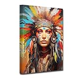 CXHOSTENT Native American Canvas Wall Art Indian Girl Headdress Feathered Picture Prints Abstract Colorful Woman Painting for Home Decor Framed (A, 12.00'x18.00')