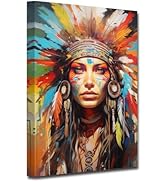 CXHOSTENT Native American Canvas Wall Art Indian Girl Headdress Feathered Picture Prints Abstract...