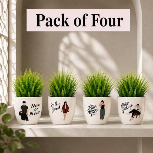 Image of Artificial Plants with Motivational Printed Pots | Mini Fake Plants for Home Decor | Cute Desk Plants for Office Desk, Living Room, Study Table & Balcony Decor | Modern Decorative Planter (Pack of 2)