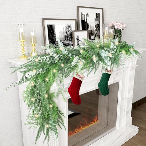 Norfolk Pine Eucalyptus Garlands with Light String, 6Ft Artificial Christmas Pine Garland, Real Touch Greenery Garland for Table, Mantle, Staires, Premium Indoor/Outdoor Christmas Decorations.