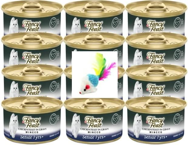 Fancy Feast High Protein Senior Gravy Wet Cat Food, Chicken Feast Minced in Gravy Senior 7+ Pack of 12 Cans (3 oz.) with a Mouse Toy