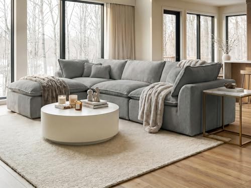 Image of COSIEST 108'' Boneless Sectional Couch, Modular Sectional Sofa with Ottoman, 4 Seater L Shaped Cloud Couch for Living Room, Grey