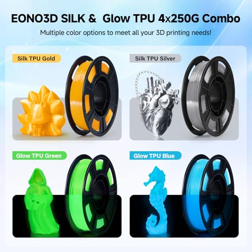 Image of Flexible TPU Filament Bundle 1.75mm, 95A Shore Hardness, 4x250g (1kg Total) - Silk TPU1 Gold & Silver + Glow-in-the-Dark TPU2 Blue & Green, Shiny & Luminous for Most FDM Printer