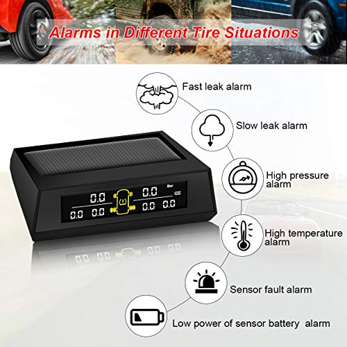 HONGNAL Tire Pressure Monitoring System for RV Trailer, Solar/USB Charging TPMS Wireless Monitor with 6 Tire Pressure Sensors, Real-time Display Tire Pressure and Temperature and 6 Alarm Function - Thumbnail 7