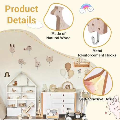 6 Stück Süße Tier Kindergarderobe Haken, Selbstklebende Holz Kleiderhaken Kinder,Garderobenhaken Kinder,Kaninchen,Giraffe,Elefant,Löwe,Wal, Katze Cartoon Wandhaken für Schlafzimmer Kinderzimmer Küche