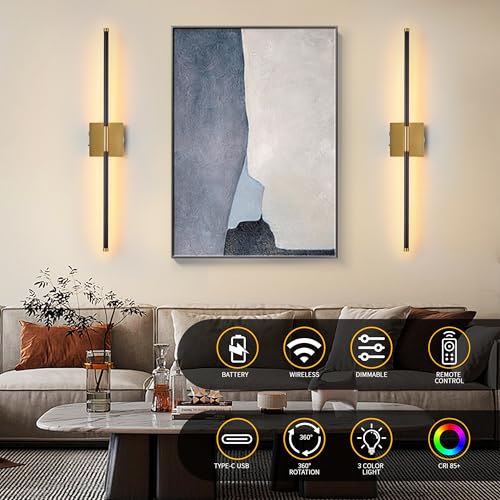 Image of 15800 mAh Battery Operated Wall Sconces with Remote Control Dimmable Wall Sconces Set of Two 3000K LED Brass Gold and Black Wireless Wall Light Battery Powered Cordless Rechargeable Sconces Decor