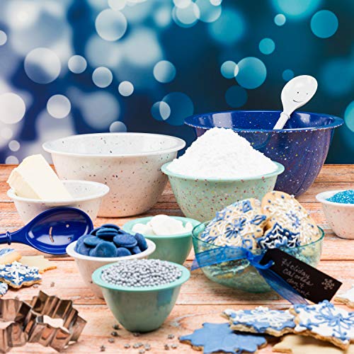 Image of Zak Designs Mixing Bowl Set, Nesting Bowls for Space Saving Storage, Made with Durable Eco-Friendly Melamine, Great for Prepping and Serving Food (Confetti White, Blue & Mint, 4pcs, BPA-Free)