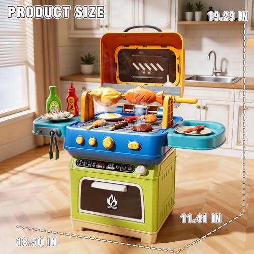 Image of Kids BBQ Grill Playset Toy, 2-Layer Play Kitchen Toddlers Toys with Oven and Smoke, Cooking Toys for Kids Ages 4-8, Light and Sound, Barbecue Outdoor Grill Play Gift Toy for Toddler Girls 3-5