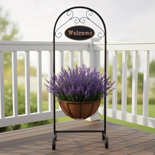 SUNNYPARK Black Metal Welcome Sign Hanging Basket Stand - 40 Inch Decorative Planter Holder for Outdoor/Indoor Plants Flowers Herbs - Rustic Garden Decor